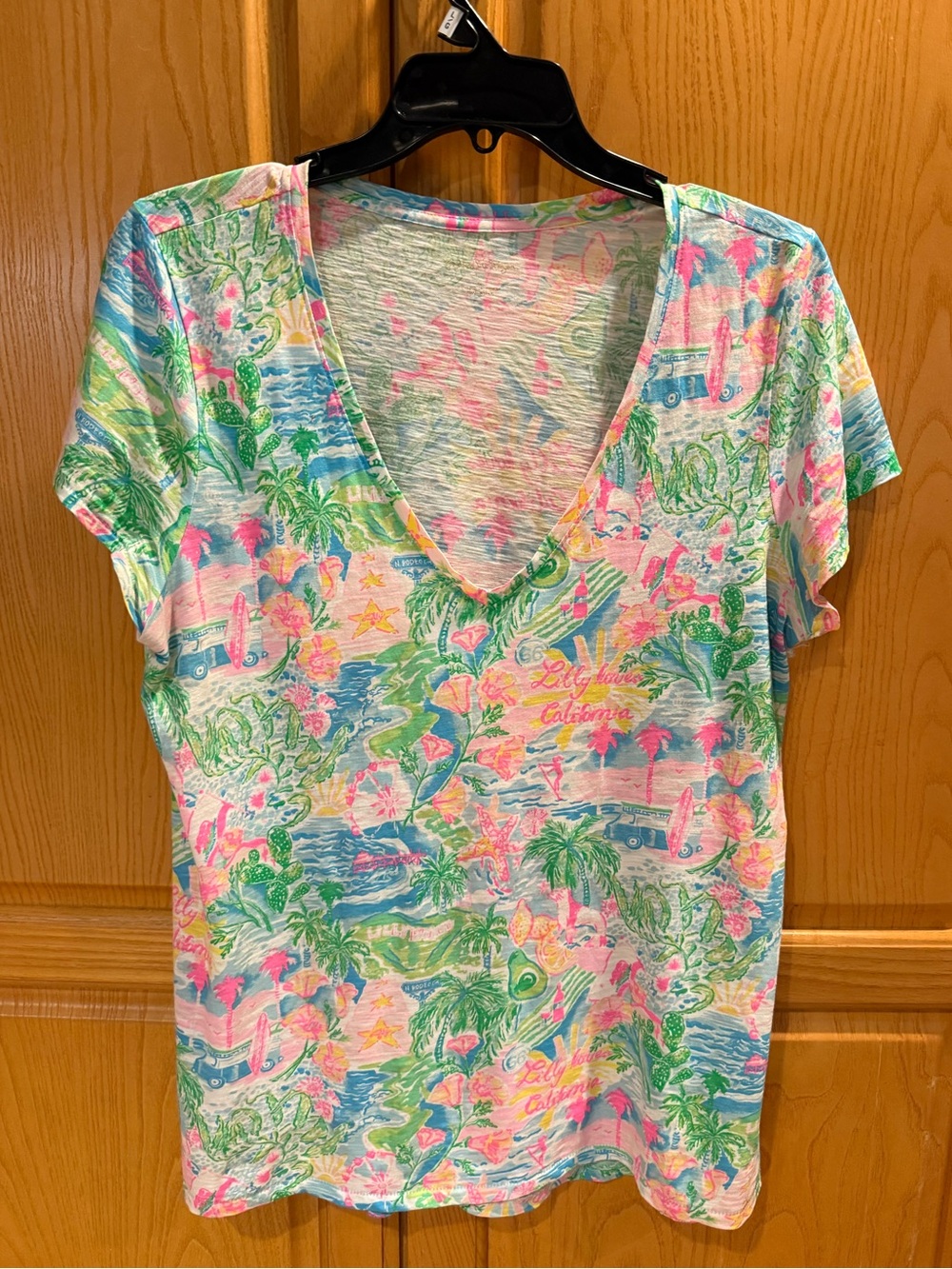 Lilly Pulitzer Etta V-Neck Top T Shirt Loves California Pink Size Small Large
